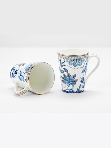 Image of GOLDEN QUEEN'S Mugs Set of 2 for Coffee, Tea, Milk - Ideal for Your Daily Beverage Ritual, Hosting & Casual Gatherings - Blue Blossom (24K Gold on Rim)