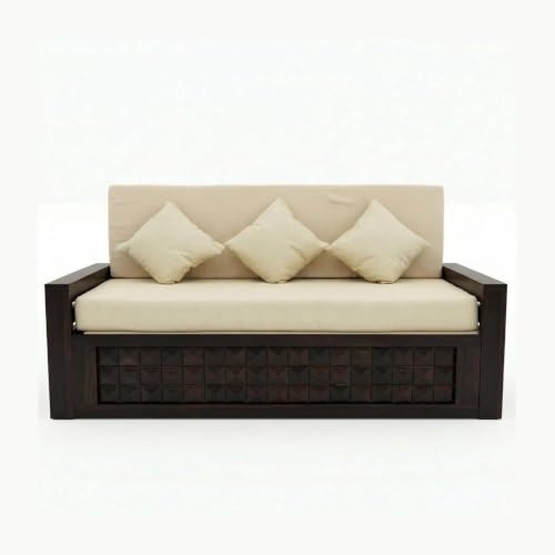 Image of SONA ART & CRAFTS Diamond Sheesham Wood Sofa Cum Bed 3 Seater with Storage and Side Pockets for Living Room Organizer Furniture Sofa Bed Home, Bedroom (Walnut Finish)