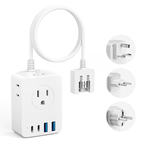 Kakyanill European Travel Plug Adapter 5ft Detachable Extension Cord with Type C/G/E/F Plug Kit 4 AC Outlets 4 USB Ports (2 USB C) UK Germay France Greece Travel Plug Adapter