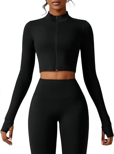 Yknktstc Womens Full Zip Athletic Jacket with Thumbhole Long Sleeve Crop Top Running Workout Yoga Sportswear Shirt XL Black