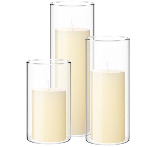 Shihanee Set of 3 Pillar Candles and 3 Glass Cylinder Candle Vases Holders Clear Pillar Jars for Wedding Centerpieces(2.6'' X 4.7'', 5.9'', 7.9'',Ivory White)