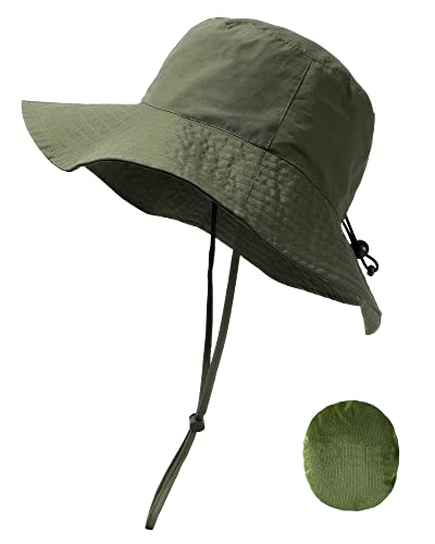 Wide Brim Sun UV Protection Boonie Hat for Men Women Waterproof Bucket Fishing Hat Packable Mesh Adventure Outdoor Cap Army Green