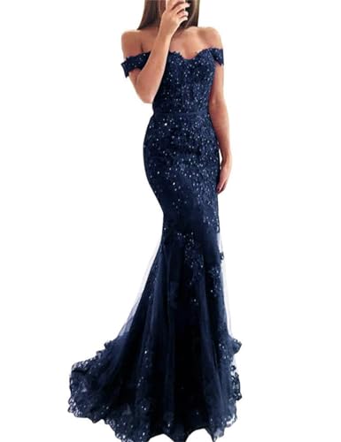 Lace Beaded Tulle Long Evening Dress Off Shoulder Mermaid Formal Party Gown