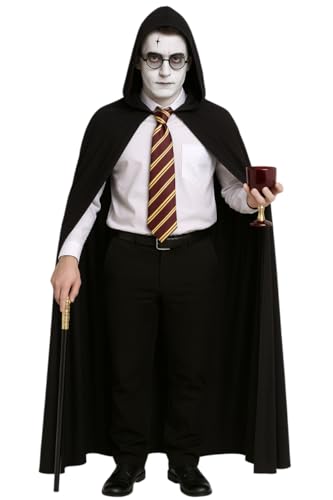 labreeze Capa negra larga de lujo para adultos con capucha, pintura facial, palo de proxeneta con parte superior dorada, corbata escolar de mago y gafas de mago, disfraz de mago y mago para Halloween