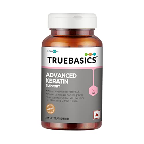 Image of TrueBasics Advanced Keratin Support with 40mcg Biotin, Clinically Researched Keranat, Vitamin E, Sesbania, for Hair Growth, Strength, & Volume, 30 Capsules