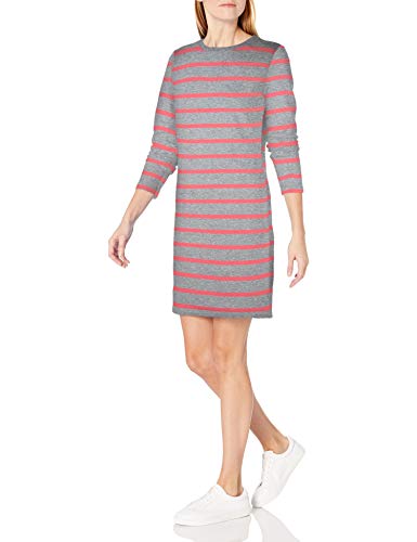Amazon Essentials Women's Crewneck Long-Sleeve French Terry Fleece Above-the-Knee Dress, Light Grey Heather/Coral Stripe, Small