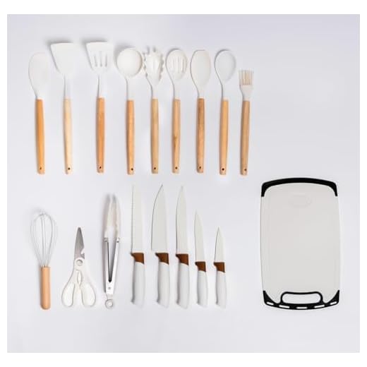 Juego de Utensilios de Cocina de 17 Piezas con Cuchillos, Tabla de Cortar y Accesorios – Mangos de Madera y Silicona Premium