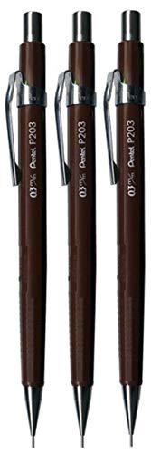 Pentel 0.3mm (P203-E) Brown P200 Series Automatic Mechanical Drafting Pencil Refillable Lead Eraser (Pack of 3)