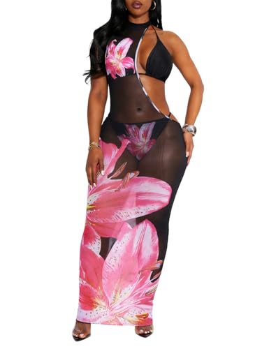 Image of Women's Sexy Swimsuit 3 Piece Thong Bikini Set Triangle Halter Bathing Suit Sheer Mesh Beach Cover Up Maxi Dress