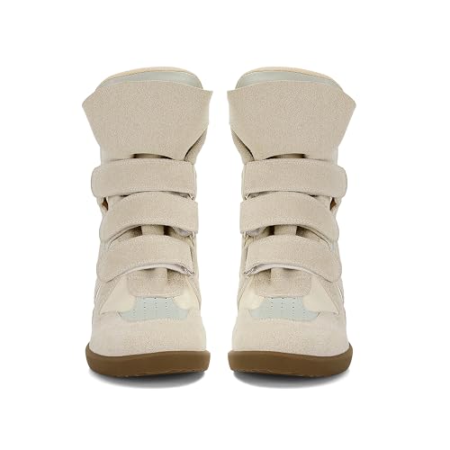 Image of Wedge Sneakers for Women Heels Suede Hook and Loop High Heel Tennis Round Toe Triple Strappy Band Casual Vintage Fashion Dressy Comfy Campus Trendy Retro Sneaker