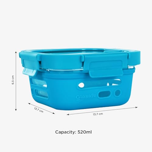 Image of GLASAFE Borosilicate Glass Lunch Box for Office w /t Air-Tight lid & Protective Silicone Sleeve | Tiffin Box for Men & Woman | Microwave & Dishwasher Safe | Leakproof Design | Set of 1-520ml,Blue