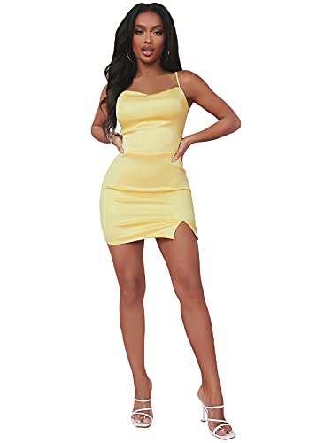 Verdusa Women's Split Hem Cowl Neck Spaghetti Strap Satin Cami Bodycon Dress Yellow M #TOP4