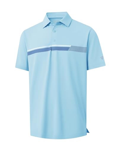 M MAELREG Golf Polo Shirts for Men Chest Striped Print Business Casual Collared Moisture Wicking Dry Fit Golf Polos Light Blue