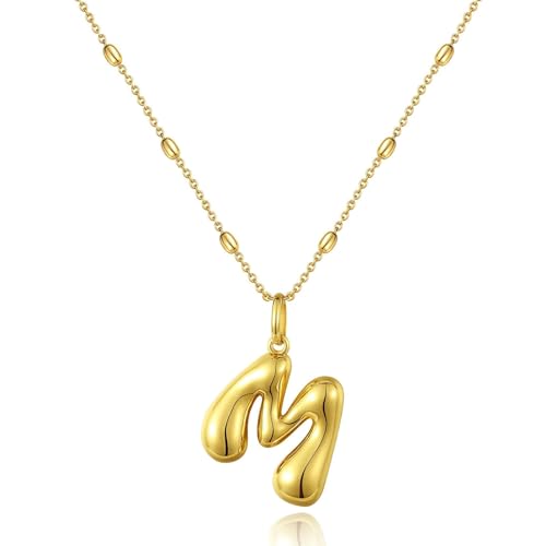 KissYan Bubble Letter Necklace,14K Gold Plated Personalized 3D Puffy Balloon Initial Pendant with Adjustable Bead Chain, Dainty Jewelry Gift for Women (Gold M)