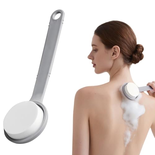 Shower Body Brush with Sponge Loofah, Soft Body Brushes Back Scrubbers Bath Dry Brush Mesh Sponge with 29CM Long Handle for Men and Women (Grey)
