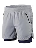 ARSUXEO Men's 2 in 1 Active Running Shorts with 2 Zipper Pockets B191 Grey Size Medium