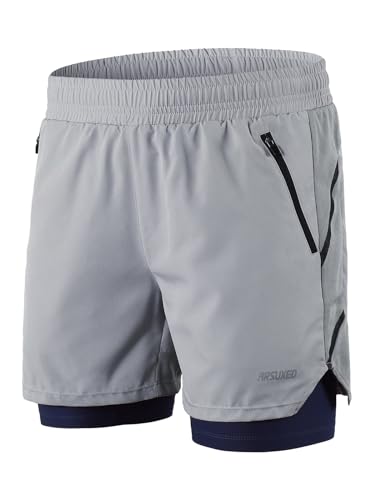 ARSUXEO Men's 2 in 1 Active Running Shorts with 2 Zipper Pockets B191 Grey Size Medium