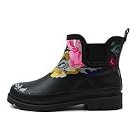GUGUMIMI Short Wellington Boots Women's Waterproof Rain Boots Non-Slip Rubber Boots Ankle Boots Rain Boots Fashion Garden Shoes Snow Slip-On Boots, Black Flower A, 5 UK
