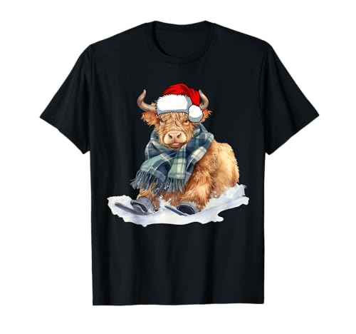 Scottish Highland Cow Santa Hat Skiing T-Shirt