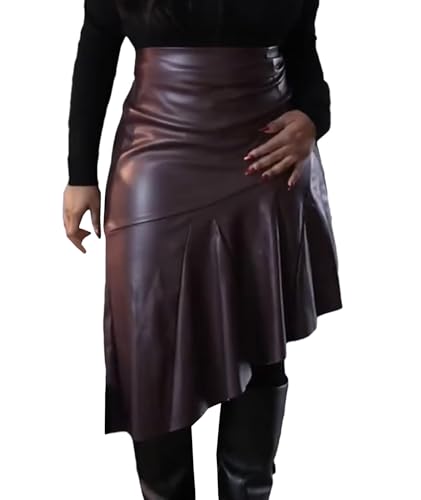 SOMTHRON Women's PU Faux Leather Skirt High Waisted Irregular Ruffle Pleated High Low Midi Skirt2