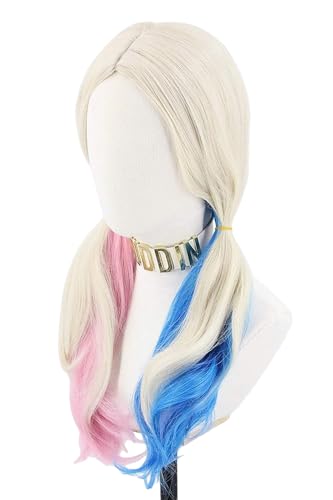 Perruque cosplay blonde bleu rose bouclée pour déguisement femme Halloween et carnaval