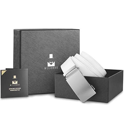 Milorde Belt Men, Ratchet Belt Dress With 1 3/8" Premium Leather, Slide Belt With Easier Adjustable Automatic Buckle (Brushed Metal - White, 36" To 42" M804-125) #TOP5