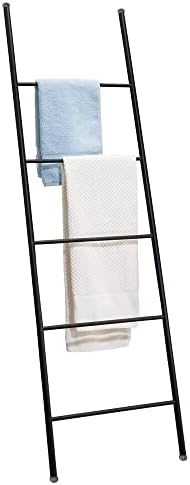 mDesign Metal Leaning Towel Ladder for Bathroom – Decorative, Modern Bath Towel Ladder Rack – Standing Display Holder for Bathroom Towels – Bathroom Wall Ladder Rack – Omni Collection – Matte Black