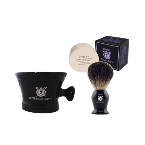 Henry Cavendish Lavender Shaving Kit with -Shaving Soap, Long Lasting 3.8 oz Puck Refill, plus Ceramic Shaving Soap Bowl, plus Gentleman's 100% Pure Badger Hair Shaving Brush.