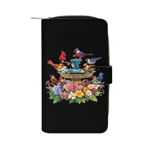 Cardinal & Chickadee Birds Spring Flowers Womens PU Leather Wallet Long Purse Clutch Organizer for Office Travel