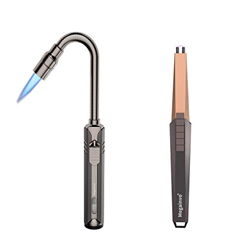 Megainvo Jet Flame Lighter Long Adjustable Candle Torch Butane Lighter and Candle Lighter Electric Arc USB Rechargeable Lighter Windproof Flameless Portable Plasma Lighter