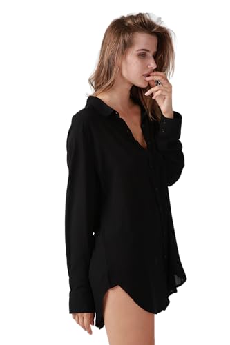 Image of TOUSYEA Sleep Shirts for Women Button Down Shirts Long Sleeve Sleepwear Swimsuit Cover Ups Soft Pajama Tops