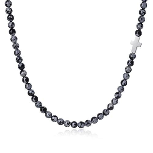 Collier perle homme en onyx noir et croix acier inoxydable de haute qualité