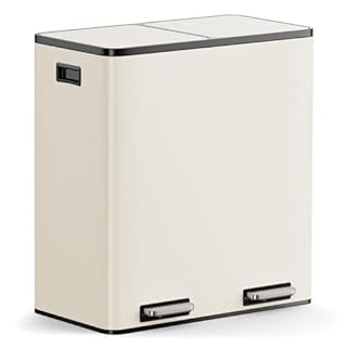 VonHaus Kitchen Bin, 60L Double Recycling Bin for Kitchen, Two Section Food Waste Separation System with Non-Slip Base & Removable Inner-Compartments, Large Airtight Trash Can, 2 x 30L (Cream)