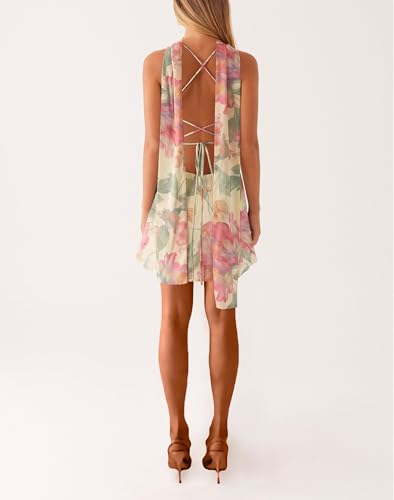 Women Y2k Floral Mini Dress Flower Halter Sheer Mesh Tie Back Short Dresses Summer Sexy Party Dress with Scarf2