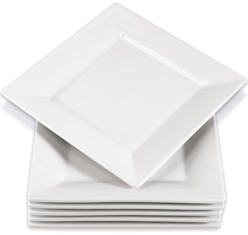 RAIHOMKIT 6 PCS Porcelain Square Dessert Plates, 8 Inch White Square Plates, Square Dinner Plates for Salad Steak Pasta, Square Serving Plates for Appetizer Dessert, Microwave and Dishwasher Safe