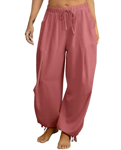Image of Women's Linen Balloon Barrel Beach Pants Boho Harem Flowy Drawstring Casual Loose Pants with Pockets