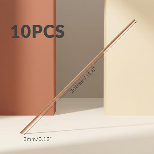Image of Therwen 10 Pcs Pure Copper Round Rod 11.8 Inch Length Bare Metal Solid Copper Rod Lathe Bar Stock for Crafts (0.12 Inch / 3 mm in Diameter)