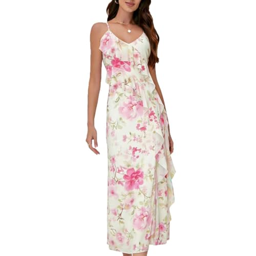 Image of Women's Spaghetti Strap Ruffle Side Split Long Dress Bodycon Beach Maxi Dresses