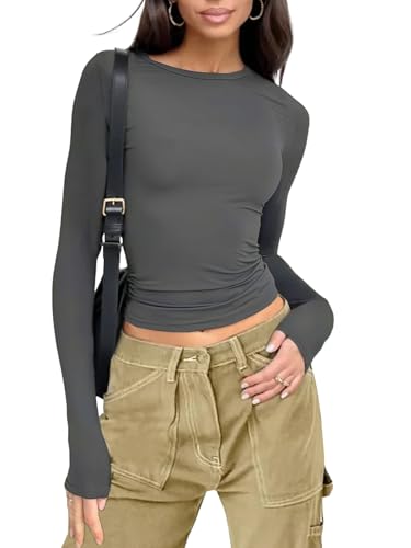 Tight Long Sleeve Shirts for Women Slim Fitted Going Out Crop Tops Crew Neck Casual Top (Deep Grey,L)
