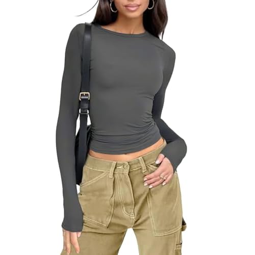 Womens Long Sleeve Shirts Basic Tees Y2k Slim Fit T Shirt Crew Neck Trendy Crop Top Casual Small 03#deep Grey