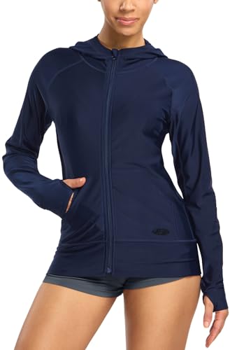 TSLA Women's Hoodie Zip Front Rash Guard, UPF 50+ Long Sleeve Swim Shirts, UV/SPF Sunscreen Wetsuit Swimsuit Top, Flow Navy, Medium