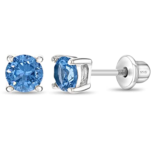 925 Sterling Silver 4mm Cubic Zirconia Screw Back Solitaire Earrings for Toddlers, Young Girls, and Teens - Classic and Elegant Blue CZ Prong Set Screw Back Earrings - Lightweight Studs