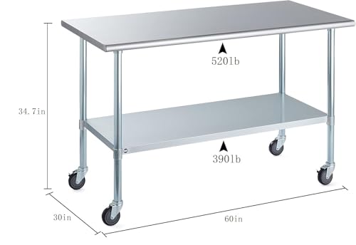 Image of ROCKPOINT Stainless Steel Table for Prep & Work with Caster Wheels 30x60 Inches, NSF Metal Commercial Kitchen Heavy Duty Table with Adjustable Under Shelf and Table Foot for Restaurant, Home and Hotel