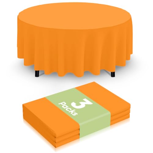 Image of Smiry Disposable Table Cloth 3 Pack, 84 Inch Round Waterproof Plastic Tablecloth, Decorative Round Table Covers for Party, Birthday, Picnic, Orange