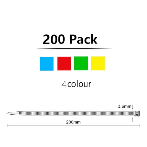 Oksdown 200 Pack Cable Ties Red Green Blue Yellow 50 pcs per Color 200mm×3.6mm Strong Nylon Plastic Self Locking 8 inch/20 cm Long Multi Color Zip Tie Wraps - Image 3