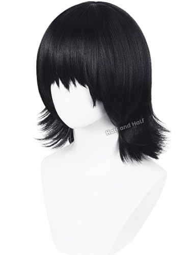 Image of Shi-zuku Cosplay Wig Short Black Anime Hunter-Killer Wigs with Bangs | 15'' Black Spiky Layered Wigs Synthetic Hair for Women Halloween Party Costumes