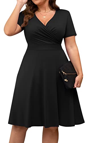 Image of POSESHE Womens Plus Size Dresses Summer Short Sleeve Wrap V-Neck Sundress Casual Wedding Guest Cocktail Dress with Pockets