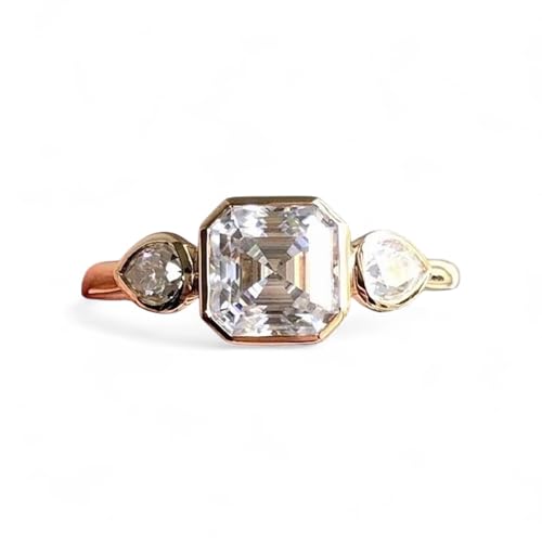 Vintage Asscher Cut Moissanite Engagement Ring for Women 3 Stone Pear Side Stones 14k Yellow Gold Bezel Set Bridal Ring Unique Art Deco Statement Jewelry Gifts