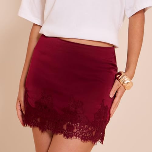 Womens Satin Half Slips Skirts Casual Lace Trim Elastic Waist A Line Elegant Lace Mini Skirts2