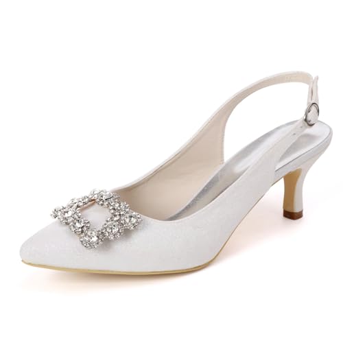 Mujer Tacón De Gatito Destalonadas Sandalias De Boda Sin Cordones Zapatos De Novia con Diamantes De Imitación Punta Puntiaguda Zapatos De Vestir De Fiesta De Graduación,Blanca,37 EU